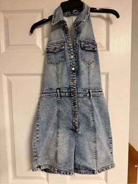 Fashion Nova Blue Denim Romper- Faded Indigo Wash